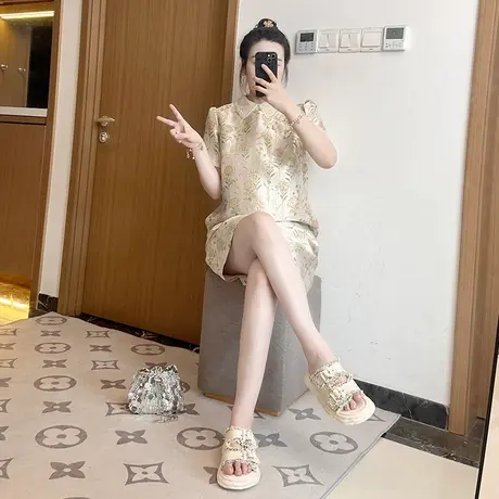 金线提花钉珠翻领H版型显瘦新中式连衣裙短袖夏季女装大码胖mm图片