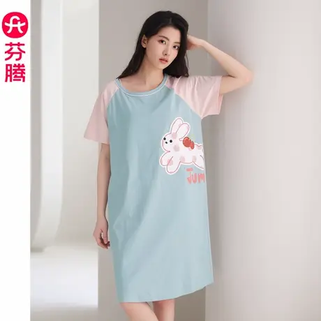 芬腾夏季纯棉睡裙女士大码夏天短袖网红风可爱薄款可外穿孕妇睡衣图片