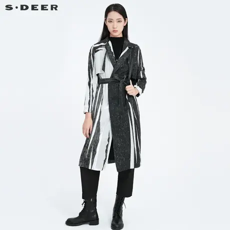 sdeer圣迪奥春秋女装优雅水墨系带收腰亚麻中长款风衣S20181809图片
