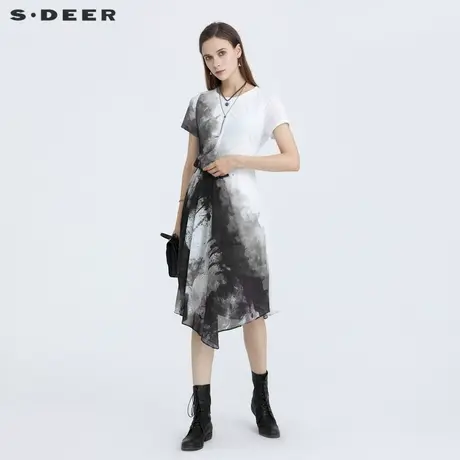 sdeer圣迪奥夏季圆领水墨晕染收腰雪纺连衣裙女S21281227图片