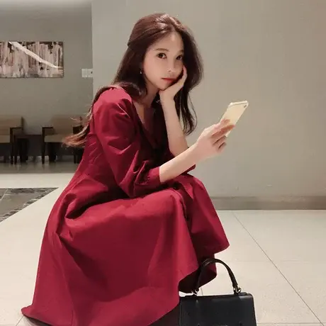 【直播】粉红大布娃娃连衣裙春秋夏酒红色泡泡袖V领女装流行裙子图片