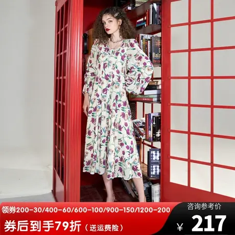 妖精的口袋v领碎花连衣裙女2023春秋新款长袖收腰显瘦度假风裙子图片
