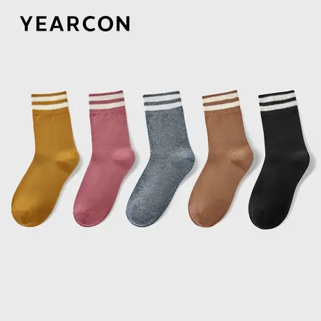 YEARCON/意尔康女袜学院风运动休闲中筒袜透气吸汗夏季女士5双装图片