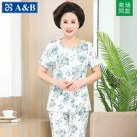 ab女士中老年家居纯棉短袖开衫夏季全棉宽松妈妈奶奶睡衣休闲汗衫图片