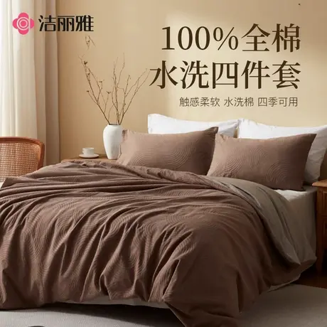 洁丽雅全棉四件套轻奢简约被套枕套家用纯棉秋冬水洗棉套件商品大图