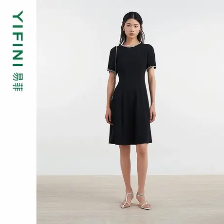 [专柜同款]Yifini/易菲法式优雅圆领钉珠醋酸收腰短袖连衣裙女图片