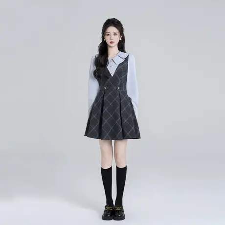 爵莱菲大码法式娃娃领假两件绝美连衣裙秋季小香风千金格子a字裙图片