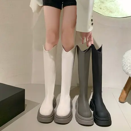 靴子女2023新款秋冬小个子高跟瘦瘦靴v口厚底增高ins网红骑士靴商品大图