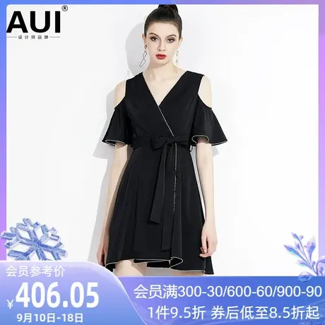 AUI2023新款小个子不规则露肩小黑裙黑色气质v领荷叶边连衣裙女夏图片