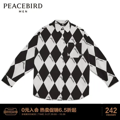 太平鸟男装 黑白撞色棱形格时尚休闲衬衫图片
