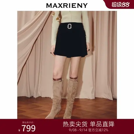 MAXRIENY法式复古丝绒短裙25冬季新款慵懒感穿搭a字修身高腰半裙图片