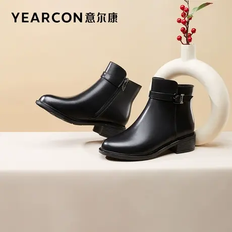 意尔康女靴2023秋冬季真皮短靴女粗跟靴子中跟加绒棉鞋舒适妈妈鞋图片