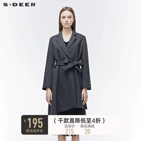 sdeer圣迪奥女装平驳领字母贴布暗条纹斜摆收腰毛呢大衣S19481761图片