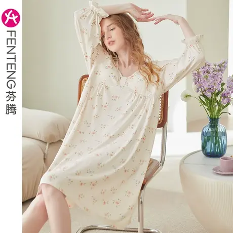 芬腾【睡绵绵】睡裙女抗菌长袖春秋季中长裙睡衣带胸垫凉感家居服图片