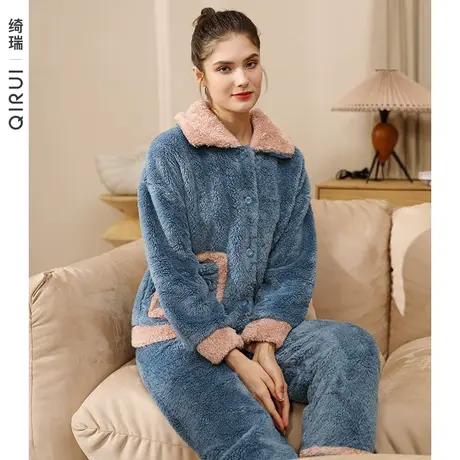 绮瑞珊瑚绒睡衣女冬季加厚甜美长袖开衫大码家居服秋冬可外穿套装商品大图