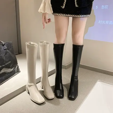 不过膝长靴女春秋2024年新款高筒骑士靴方头粗跟中跟显瘦长筒靴子图片
