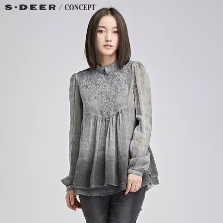 sdeer圣迪奥桑蚕丝上衣女装冬古典金属感绣花长袖上衣S16480503图片