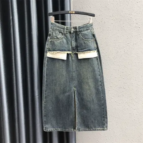 性感辣妹半身裙女2023年秋季新款露口袋时尚百搭中长款牛仔a字裙图片