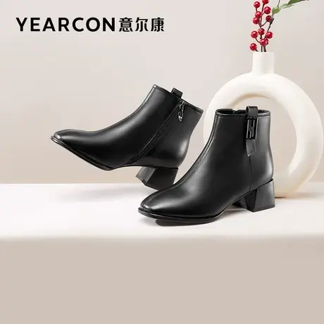 意尔康女靴2023新款秋季靴子女单靴粗跟中跟短筒真皮短靴羊皮时装图片