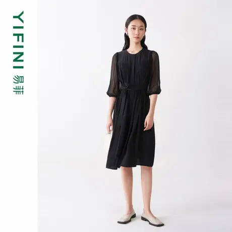 [专柜同款]Yifini/易菲真丝中袖压褶纯色气质连衣裙女夏季新款图片