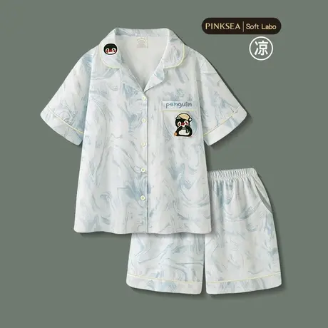 睡衣女款2025新款可爱企鹅夏季凉感纯棉短袖短裤女士家居服套装图片