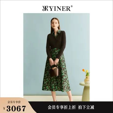 【美拉德】YINER音儿秋季女装羊毛海鸥领针织印花连衣裙图片