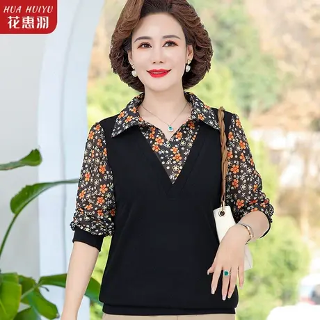 中老年女装衬衫春季碎花新款假两件上衣服叠穿针织打底衫妈妈小衫商品大图