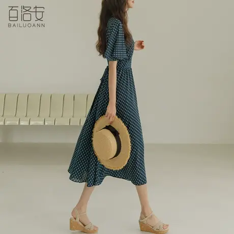 百洛安优雅气质印花连衣裙女2023夏新V领短袖系带收腰a字大摆长裙图片