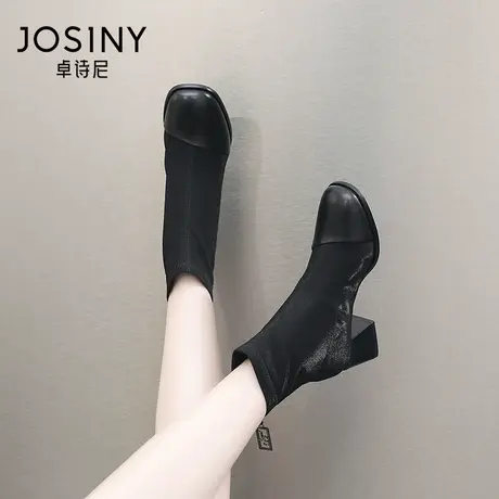 卓诗尼2023秋冬新款英伦风短筒靴时尚后拉链女靴潮流方头时装靴女图片