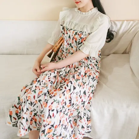 胖妹妹夏季2023新品棉质繁花撞色连衣裙大码微胖法式复古短袖长裙图片