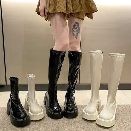小个子增高厚底弹力靴女2023年春秋新款高筒过膝瘦瘦长筒骑士短靴图片