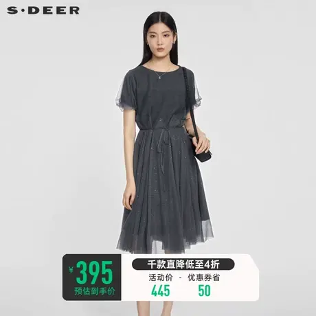 sdeer圣迪奥2023夏装女法式度假风收腰网纱泡泡袖连衣裙S23261207图片