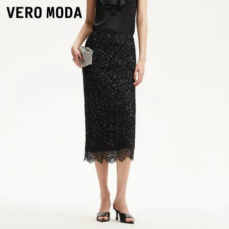 Vero Moda奥莱半身裙2025夏季新款亮片装饰拼接蕾丝直筒优雅女人图片
