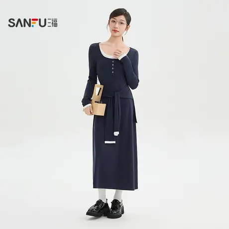 三福连衣裙2025秋季撞色纽扣圆领假两件半裙裙子女装507973图片