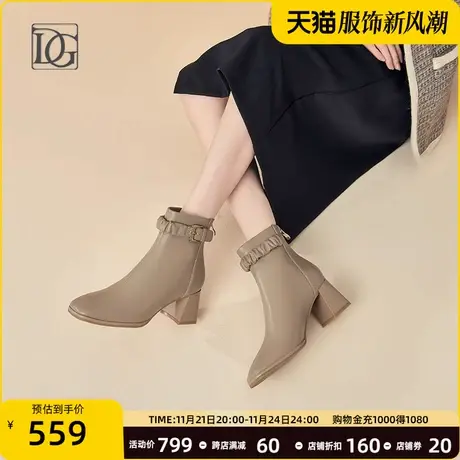 商场同款羊皮法式粗跟时装短靴女2023秋冬新款真皮方头高跟及踝靴商品大图