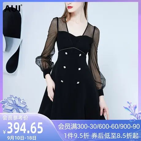 AUI黑色名媛风高级感连衣裙女2023春装新款欧洲站网纱修身中长裙图片