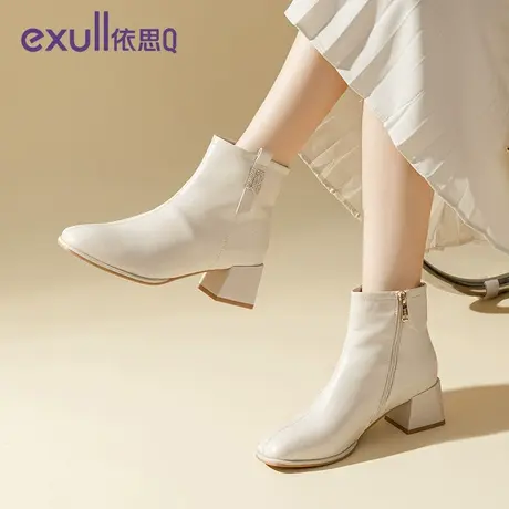 exull依思q马丁靴女款秋冬新款高跟增高短靴粗跟白色女靴皮鞋女鞋图片