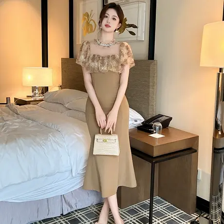 超好看拼接蕾丝鱼尾连衣裙女装洋气显瘦高级感名媛包臀修身长裙子图片