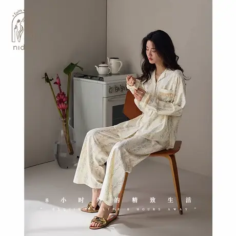 妮狄娅睡衣女春季纯棉长袖翻领开衫简约宽松可外穿春秋家居服套装图片