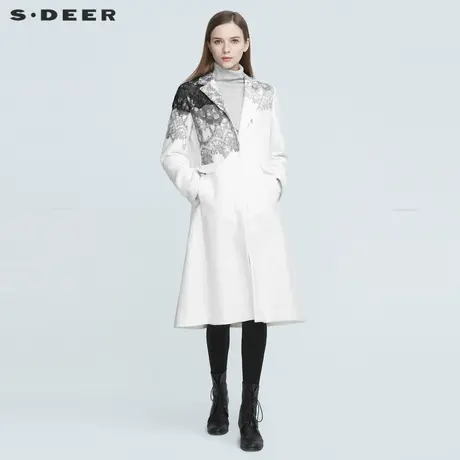 sdeer圣迪奥冬季休闲平驳领蕾丝拼接白色长款毛呢大衣女S20481848图片