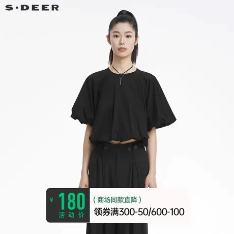 sdeer圣迪奥夏装短袖时尚圆领抽褶花苞短款正肩黑色T恤S22280190商品大图
