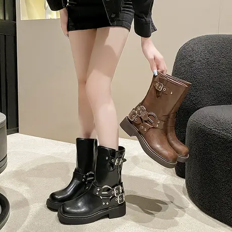 时尚百搭短筒靴女2025秋季新款爆款配裙子气质骑士靴厚底高级靴子图片