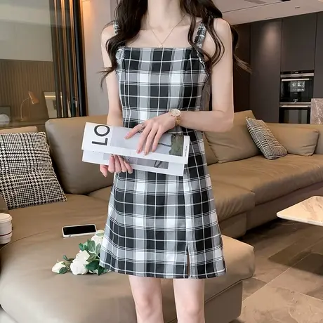 唐狮格子吊带连衣裙女夏新款小个子裙子女夏季高端甜美气质女装r2图片