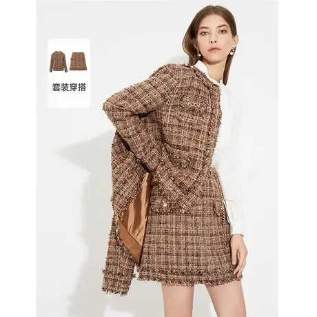 朗姿奥莱高腰半身裙冬奥莱新款女设计感格子短裙A字包臀裙图片