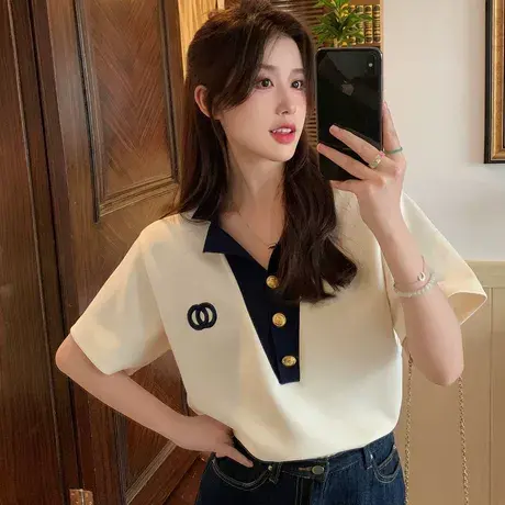 大码POLO领短袖T恤女装夏季胖妹妹遮肚子显瘦撞色正肩上衣服200斤图片