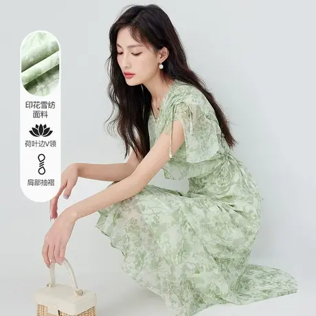 【匡琪琪专享】秋水伊人法式V领印花夏季女修身雪纺荷叶边裙子图片
