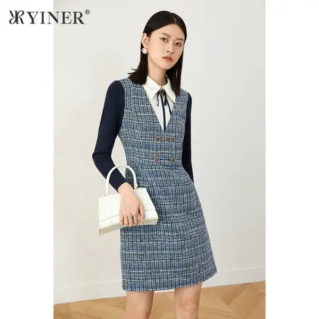 YINER音儿商场同款女装2021秋冬新款粗花呢拼接假两件连衣裙图片