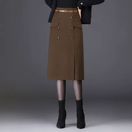 双排扣通勤毛呢包臀裙女秋冬2023新款高腰显瘦半身裙中长一步裙子图片