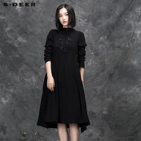 sdeer圣迪奥女2017冬装抽象褶皱针织网纱气质长袖连衣裙S15481212图片