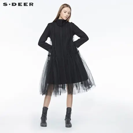 sdeer圣迪奥女装休闲高领不规则网纱两件套黑色大衣S19481820图片